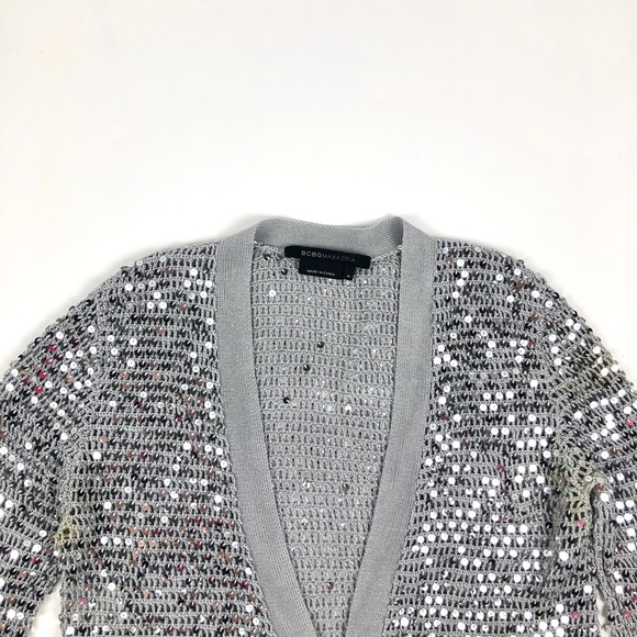 BCBGMAXAZRIA Knit Mini Grey Sequin Cardigan - Picture 3 of 9